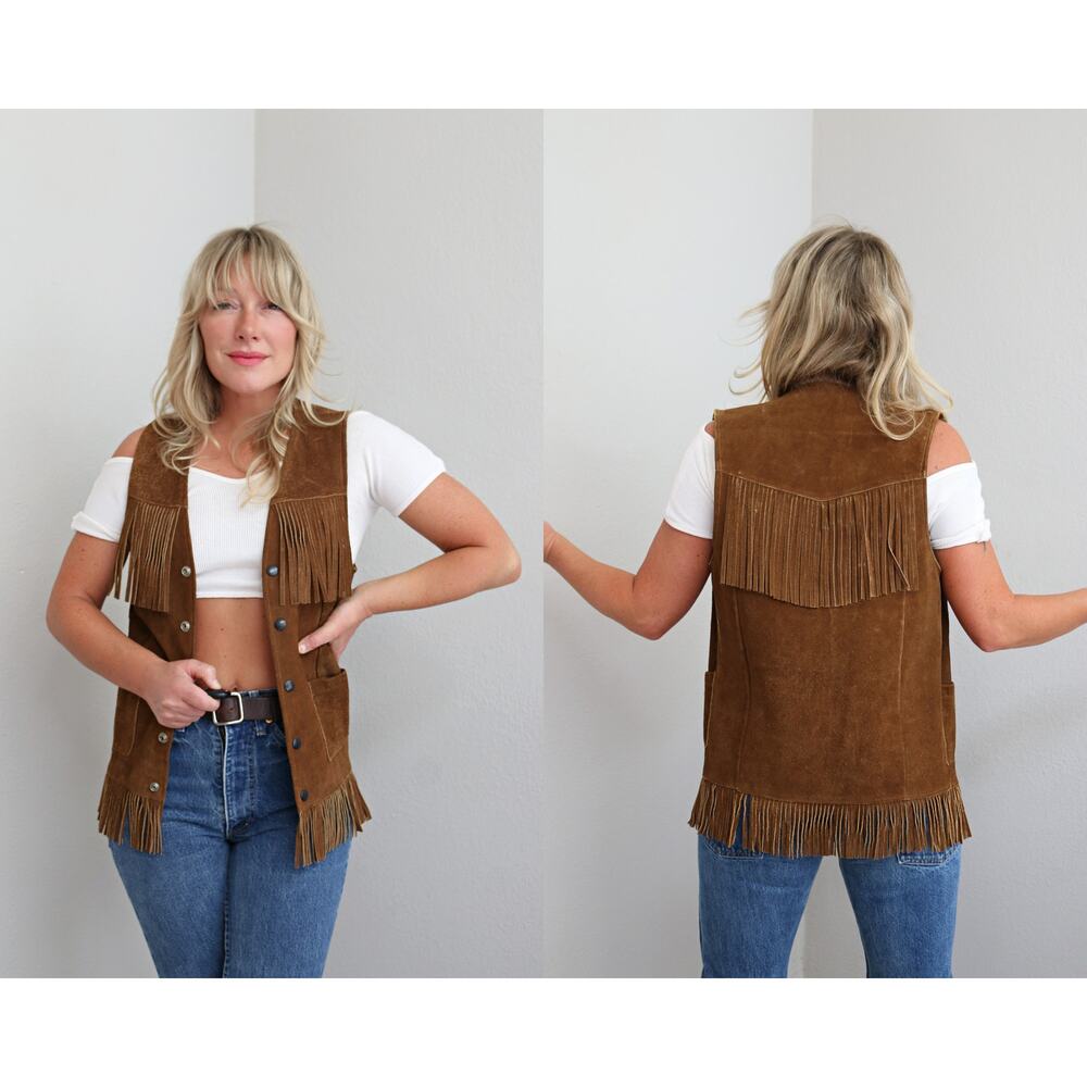 1970's Vintage Jo-o-Kay Western Brown Suede Leather Fringe Vest ~ Women's XXS XS